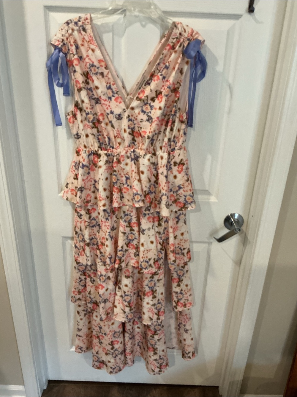 Ladies Floral Tiered Dress with Purple Ribbon Straps
